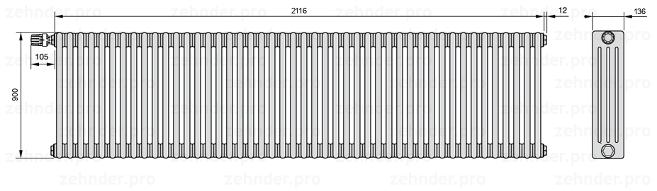 Схема (чертеж) Радиатор Zehnder Charleston 4090/46 №V012 Белый глянцевый RAL 9016